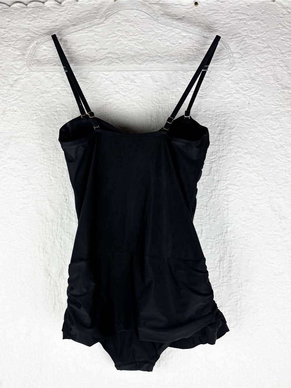 Shore Shape Black Swimsuit 1 Piece Ruching Faux Tankini Swim dress style Sz 12 - Picture 4 of 7